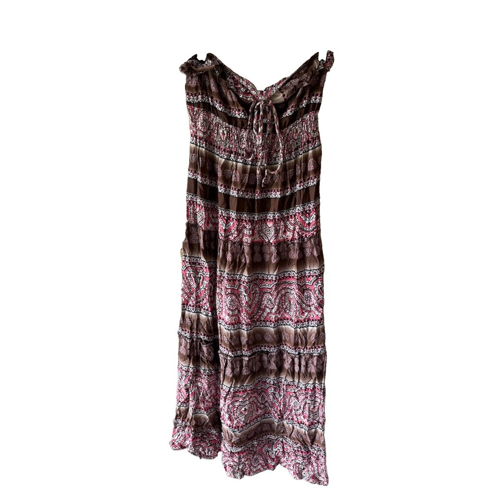Mudd Women Large Paisley Strapless Maxi Dress Smocked Tiered Boho Rayon Sundress